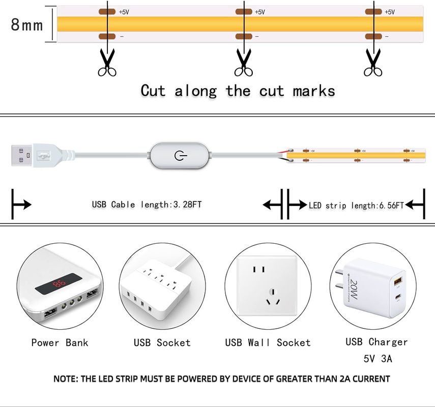 Hongtop COB Led Strip Lights 5V USB 6.56ft / 2m 640LEDs con toque sin pasos Dimmable 6000K Blanco 13W
