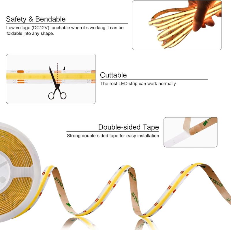 560LEDs COB LED Strip 90 CRI CCT Flexible COB 3M con adaptador y controlador de micro RF