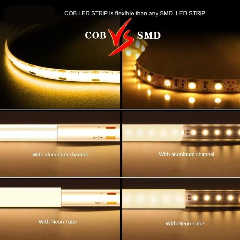 12V 24V resistente al agua IP65 IP67 IP68 CRI90 5M flexible COB LED para interiores y exteriores