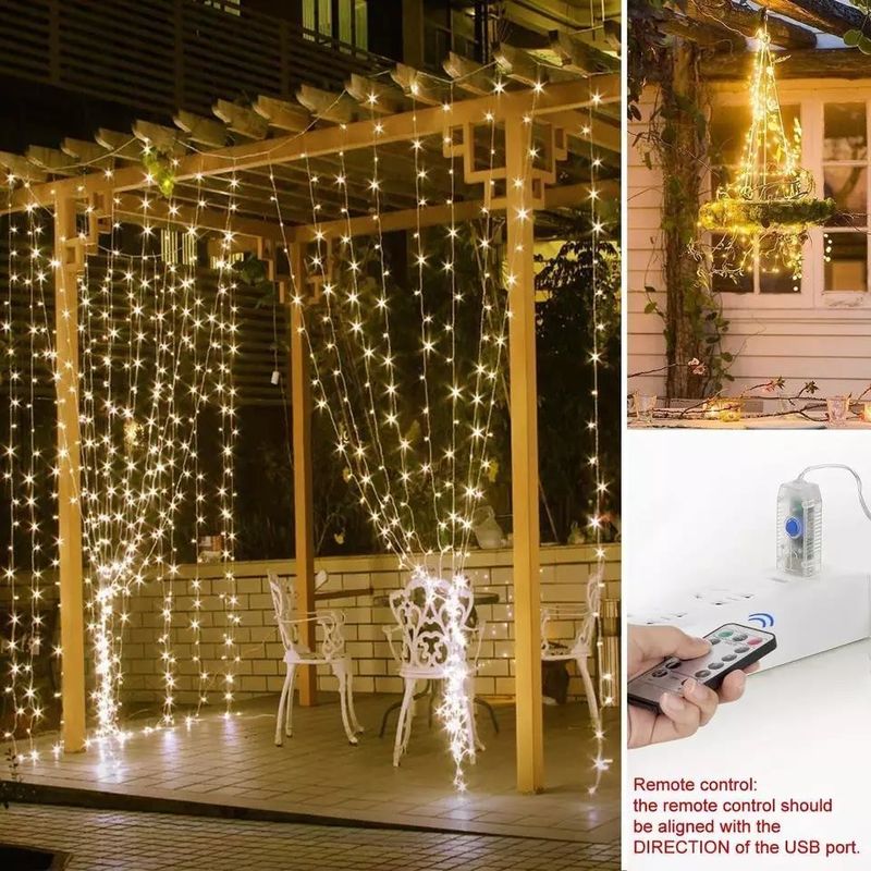 3500K Luz de cortina LED blanca cálida para decoraciones de dormitorio 3x2.4m 240d Modos de alimentación USB