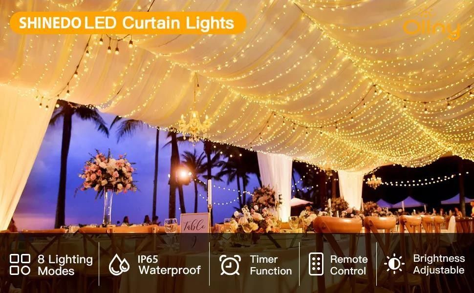 3500K Luz de cortina LED blanca cálida para decoraciones de dormitorio 3x2.4m 240d Modos de alimentación USB