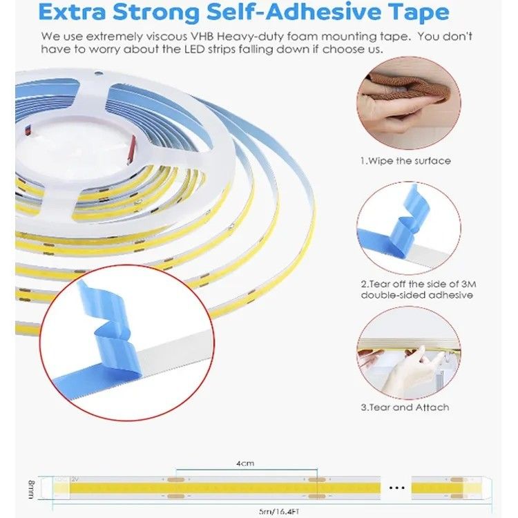 Lámpara de 90lm/w Eficiencia luminosa Smart COB Led Strip 12V 24V 5M 252leds para publicidad