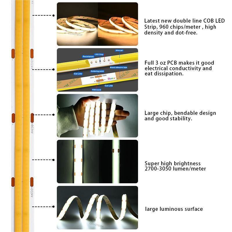 10m/rollo Líneas dobles 600leds 12v 24v Ra80 12mm Flexible COB Led Flexible luz de banda